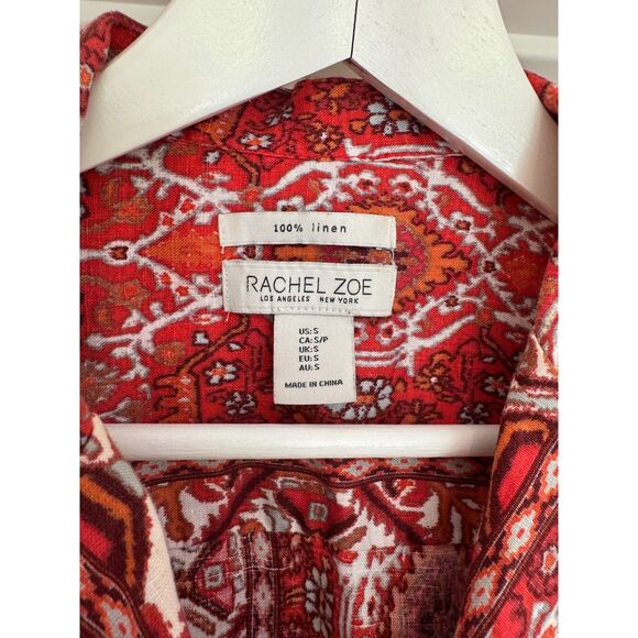 Rachel Zoe Red Boho Print 100% Linen Two Piece Top Pants Outfit Set Size Small - Picture 8 of 9